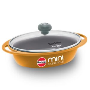 Hawkins 0.75 Litre Mini Casserole with Glass Lid, Oval Shaped Die-Cast pan for Cooking, Reheating, Serving and Storing, Yellow (DCY75G)
