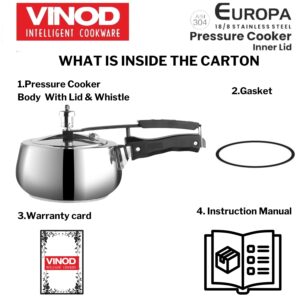 Vinod Europa Stainless Steel Inner Lid Pressure Cooker - 3.5 Litre | Handi Shape | Sandwich Bottom Cooker | Induction and Gas Base | ISI and CE certified - 2 Years Warranty