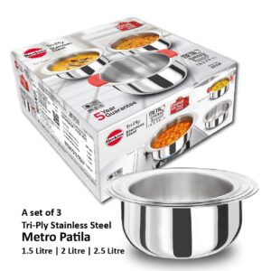 Hawkins Kitchen Gift Pack 2023 (23SGP) 3 Pieces Set of 1.5 Litre, 2 Litre and 2.5 Litre Triply Stainless Steel Patila, Tope, Bhagona, Tapeli, Saucepans, Silver