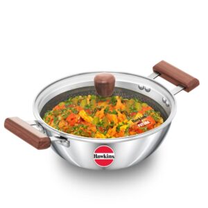 Hawkins 2.5 Litre Deep Kadhai, Triply Stainless Steel Shielded Nonstick Deep-Fry Pan with Rosewood Handle, Honeycomb Non Stick Induction Kadai, Silver (NSDK25G)