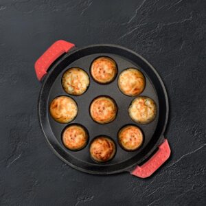 Pigeon Imperi Cast Iron Paniyaram/Appe Pan, 9 Pits, Free Silicone Grips, Pre-Seasoned,100% Toxin-Free, Naturally Nonstick, Paniyarakkal, Appam Patra, Paddu Maker,Strong & Durable, Gas & Induction